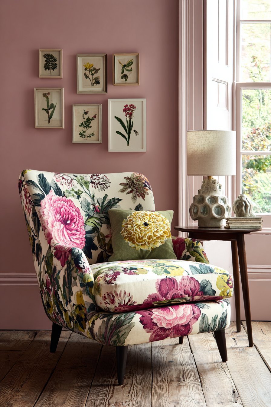 Bold Floral Chintz Armchair with Botanical Prints