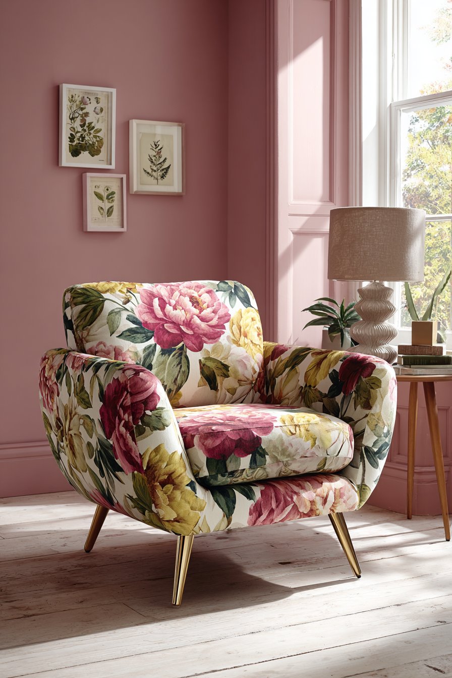 Bold Floral Chintz Armchair with Botanical Prints