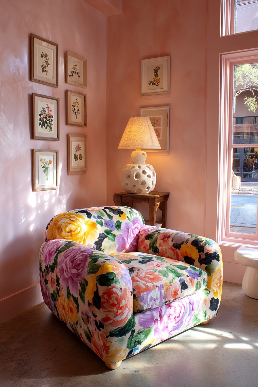 Bold Floral Chintz Armchair with Botanical Prints