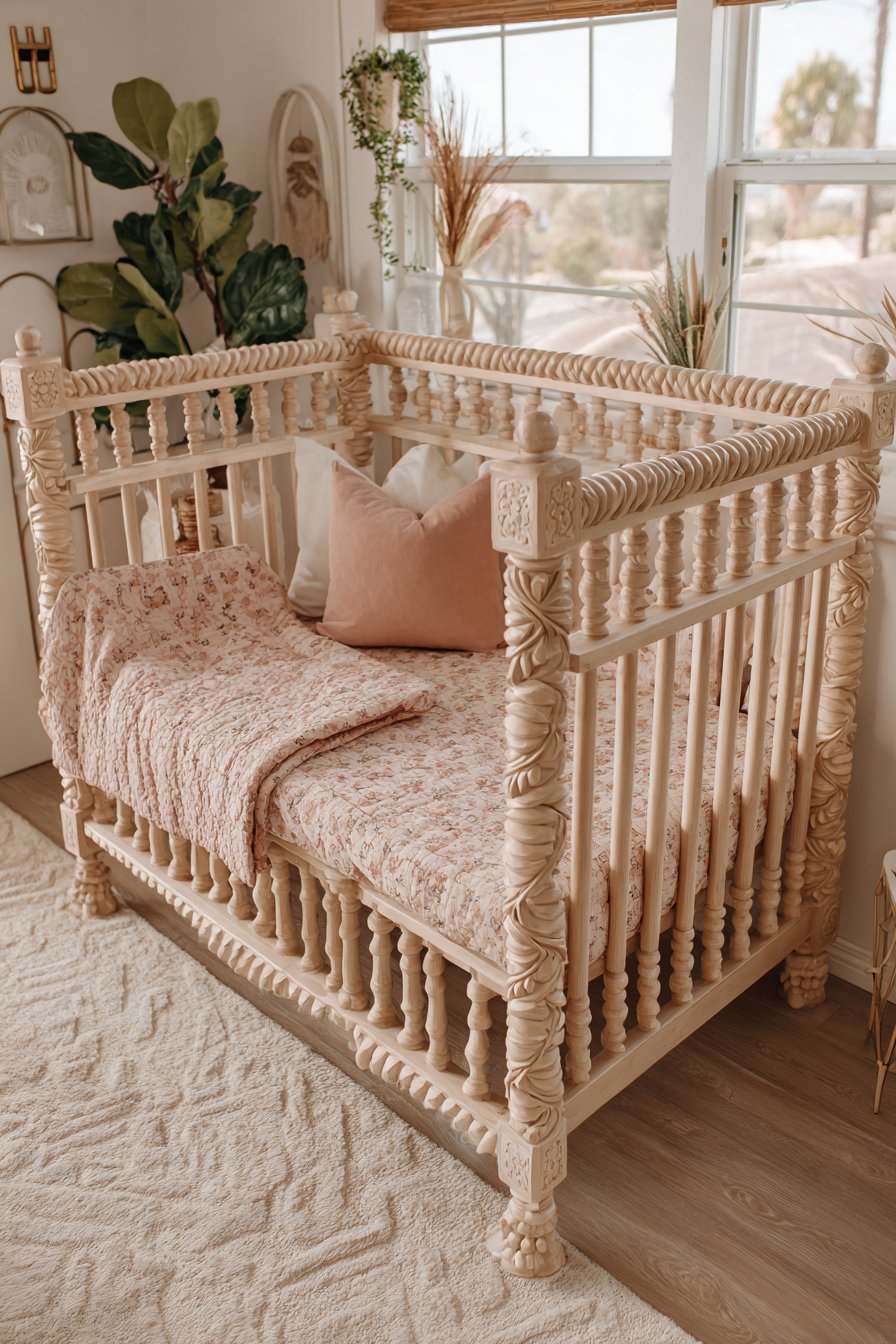 Carved Wood Crib as Beautiful Focal Point