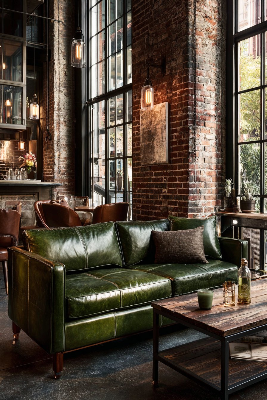 Forest Green Leather with Industrial Brick