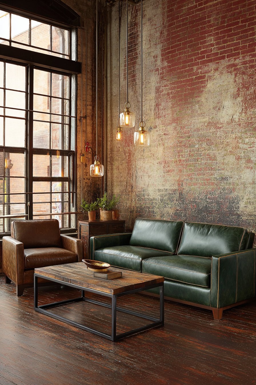 Forest Green Leather with Industrial Brick
