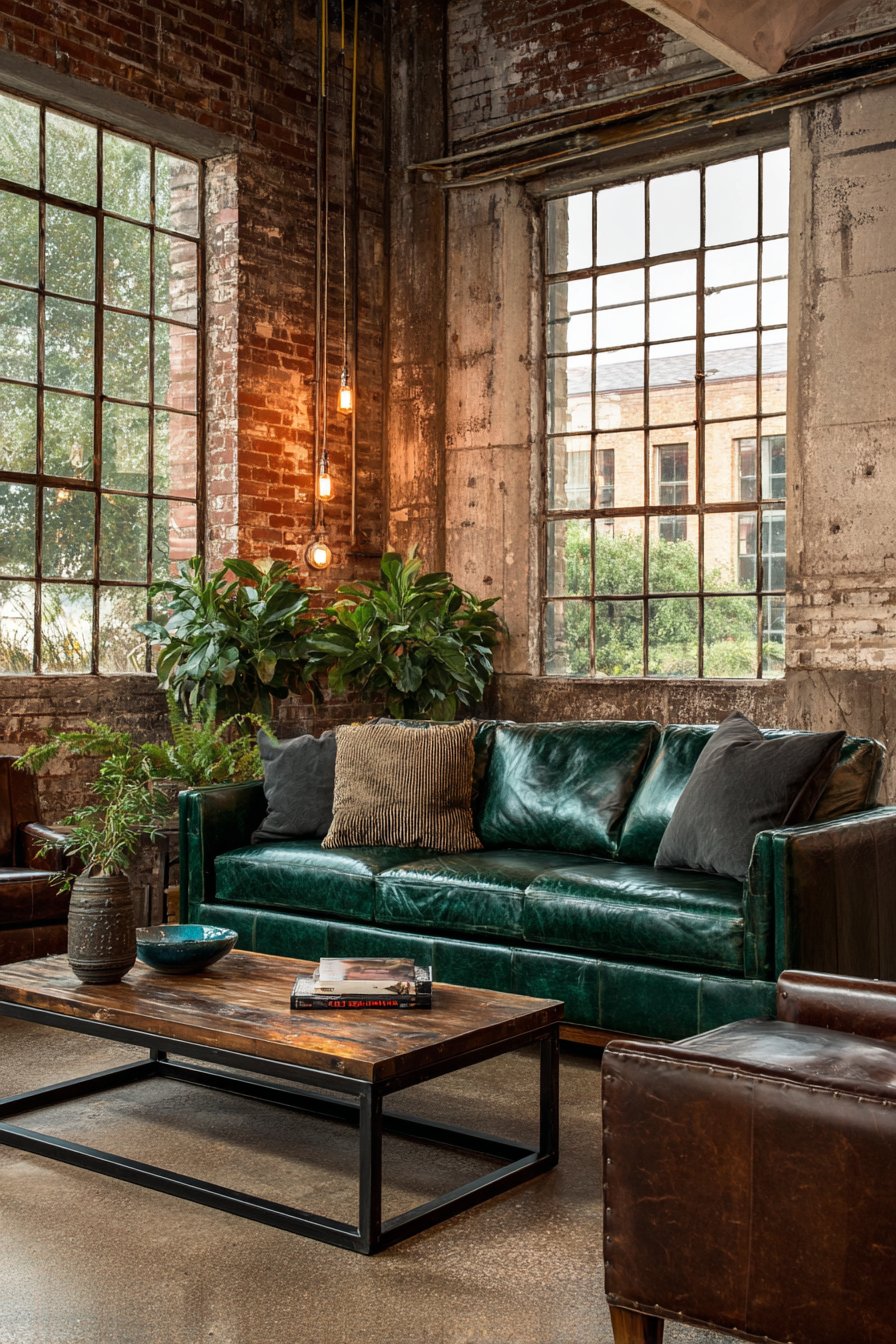 Forest Green Leather with Industrial Brick