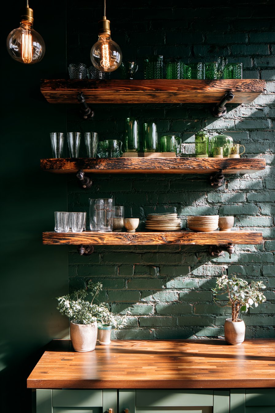 Painted Brick Accent with Reclaimed Wood Shelves