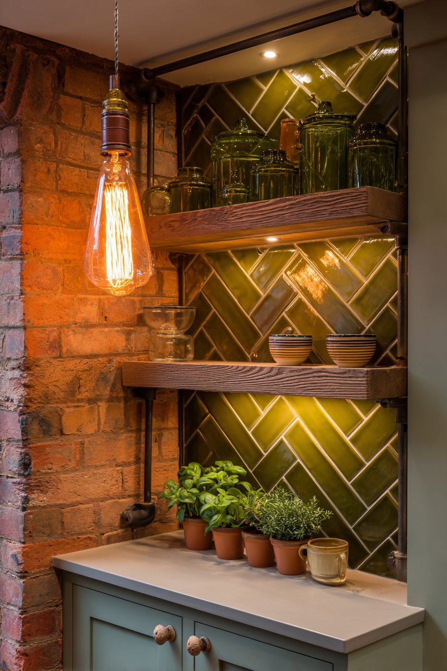 Painted Brick Accent with Reclaimed Wood Shelves