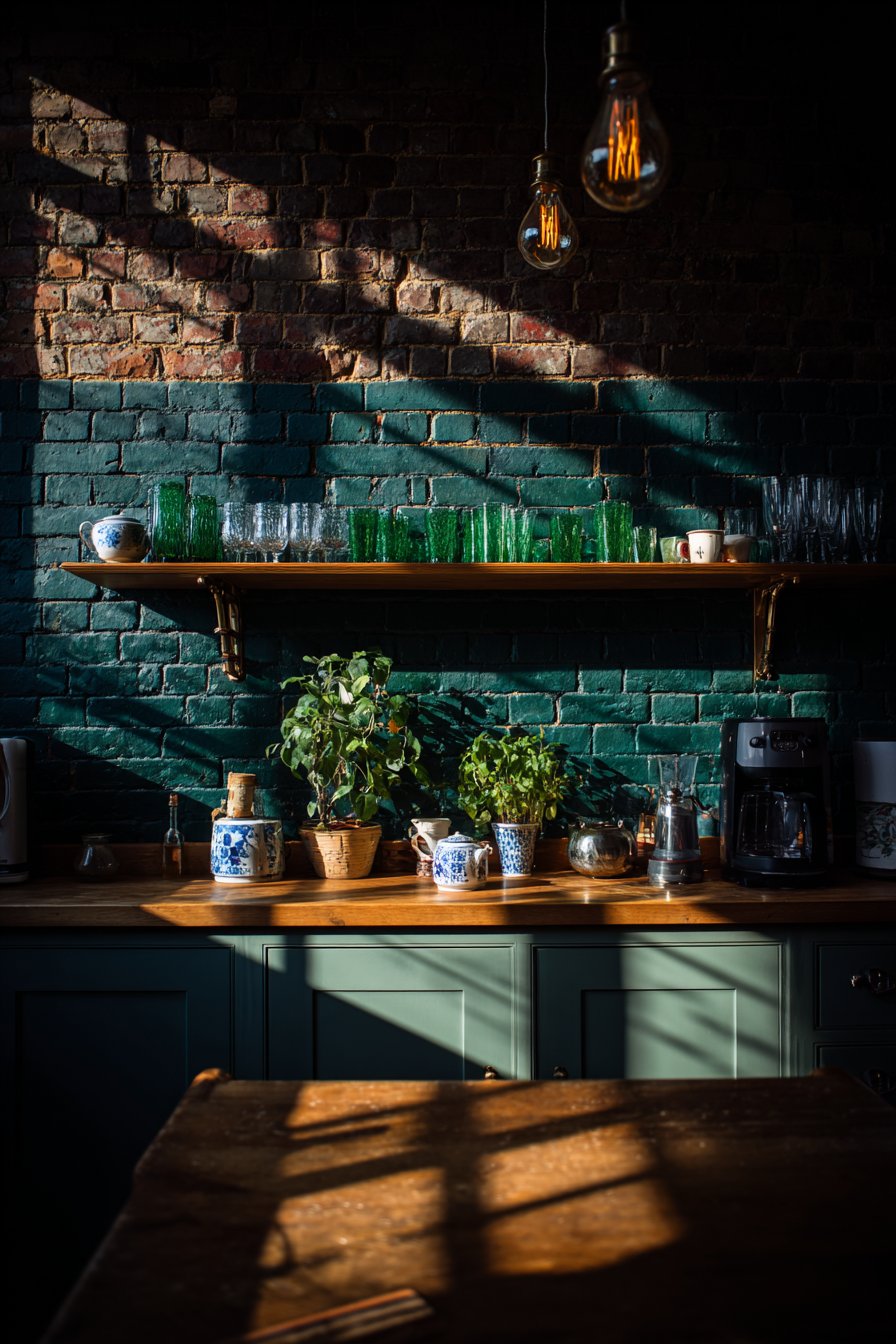 Painted Brick Accent with Reclaimed Wood Shelves