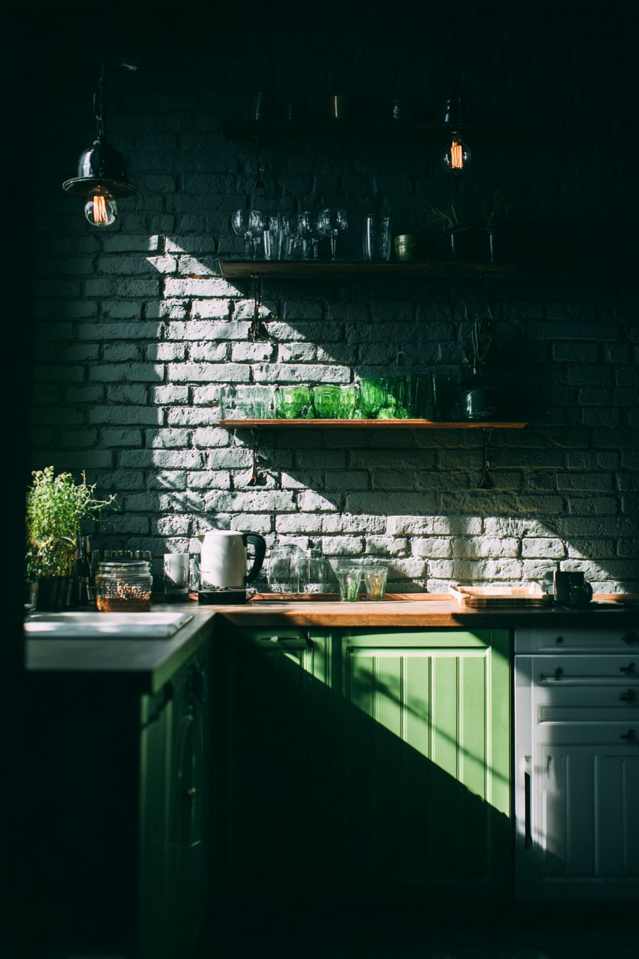Painted Brick Accent with Reclaimed Wood Shelves
