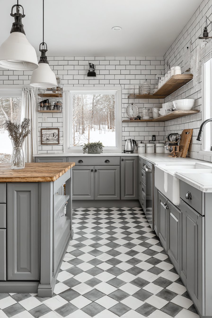 Vintage-Inspired Grey and White Kitchen with Retro Charm