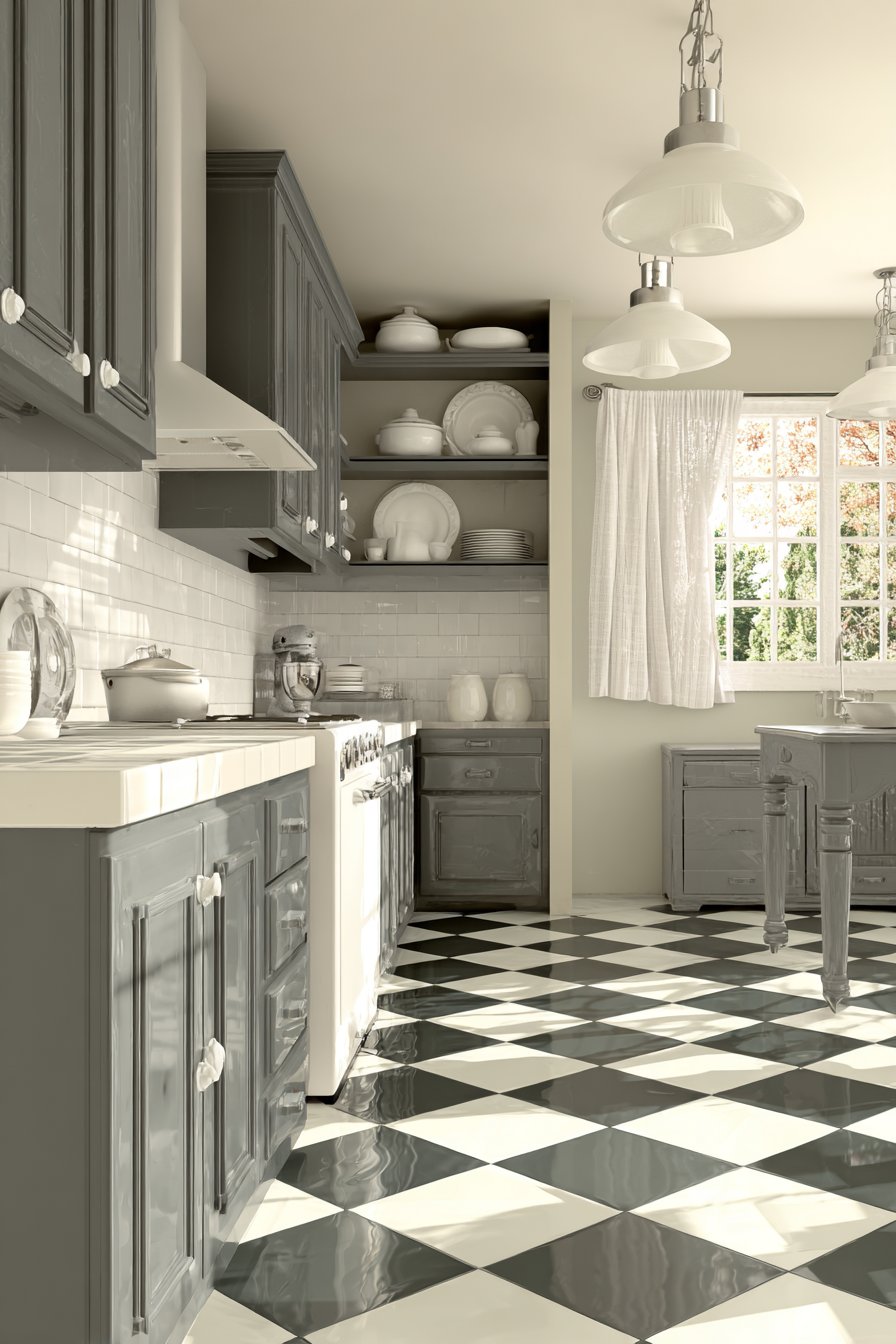 Vintage-Inspired Grey and White Kitchen with Retro Charm