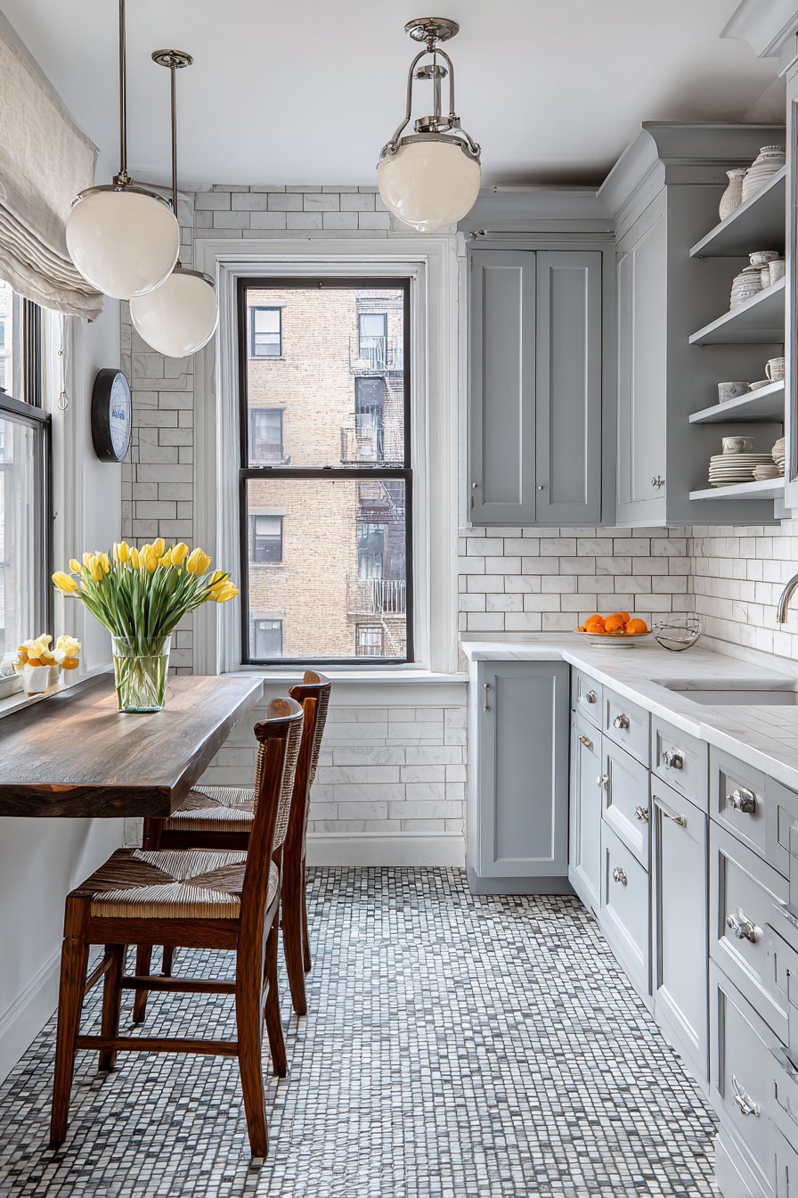 Vintage-Inspired Grey and White Kitchen with Retro Charm