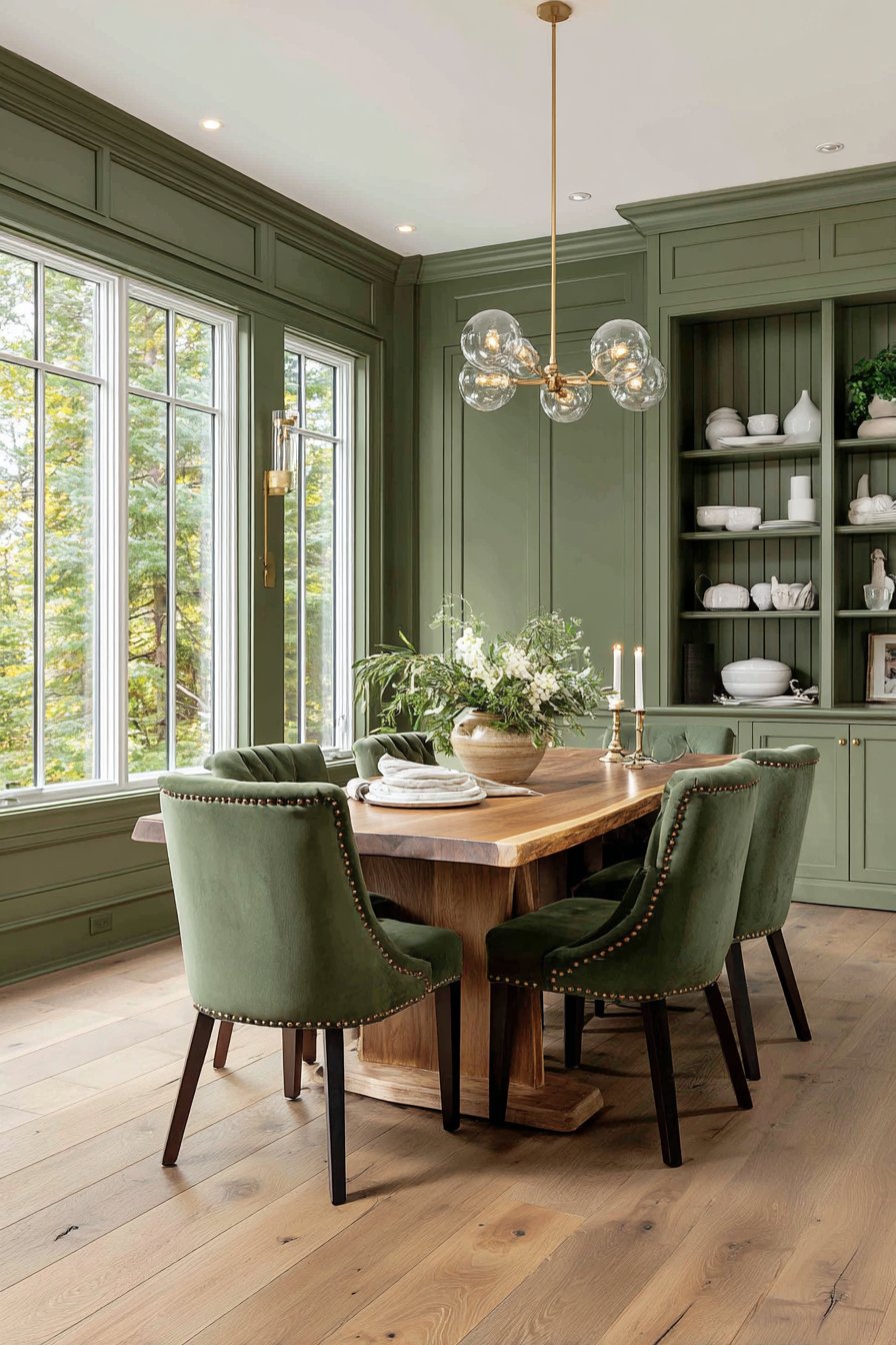 Transitional Dining Room with Velvet Chairs
