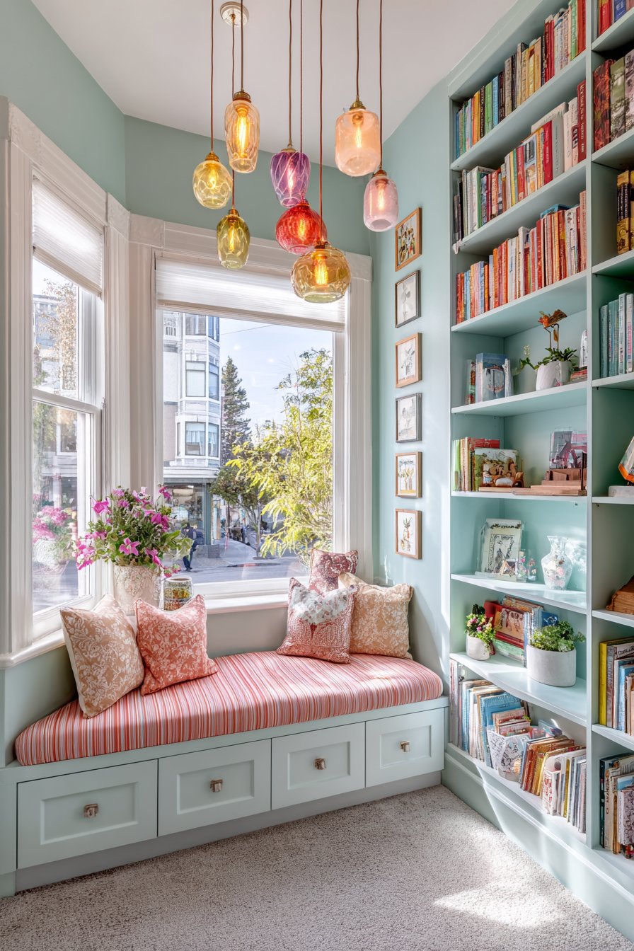 Mint Green Bookshelves in Bay Window Area