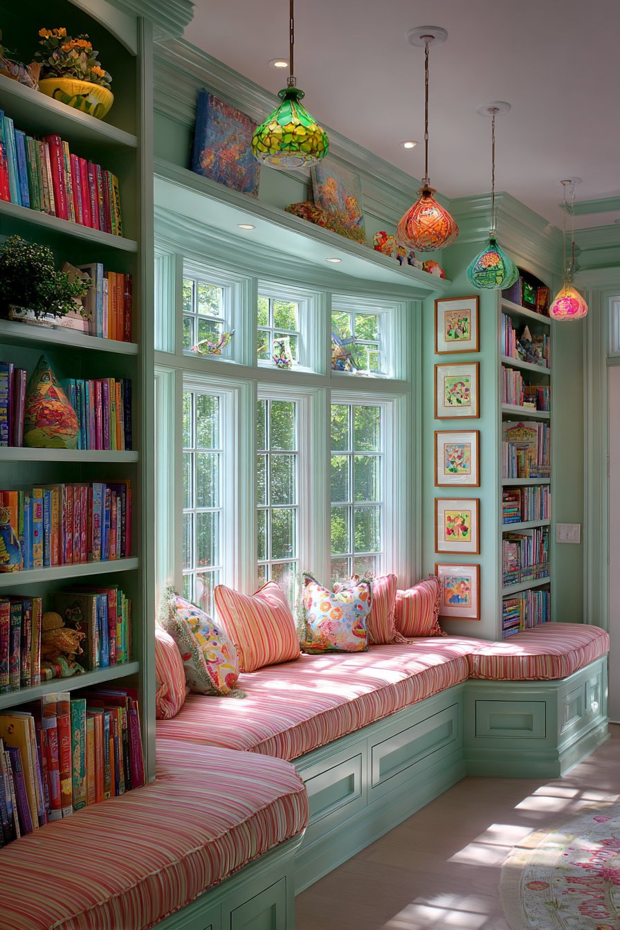 Mint Green Bookshelves in Bay Window Area