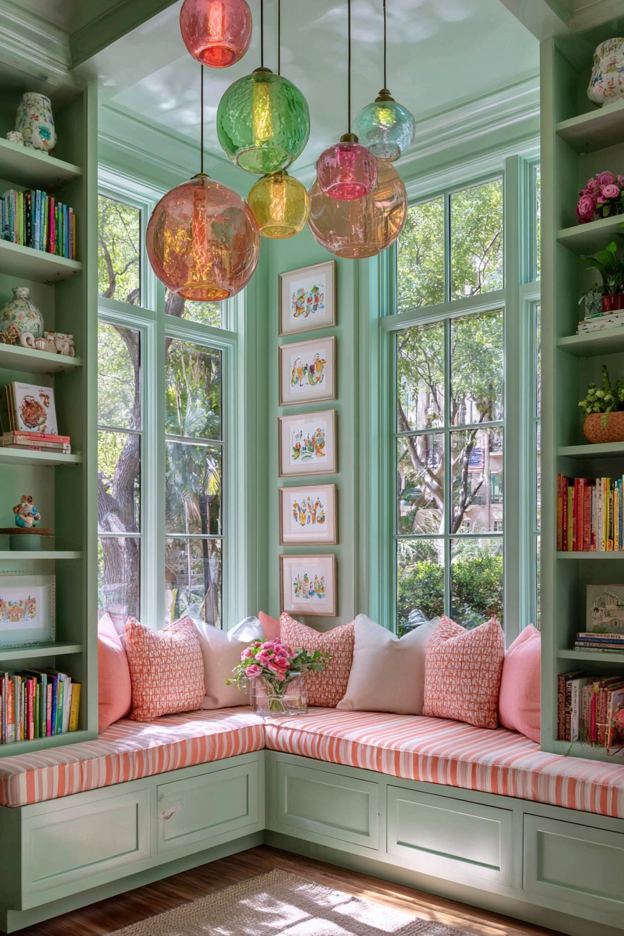 Mint Green Bookshelves in Bay Window Area