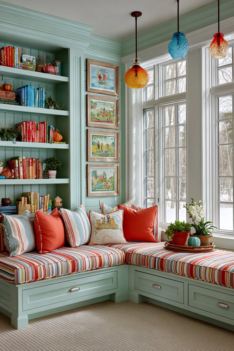 Mint Green Bookshelves in Bay Window Area