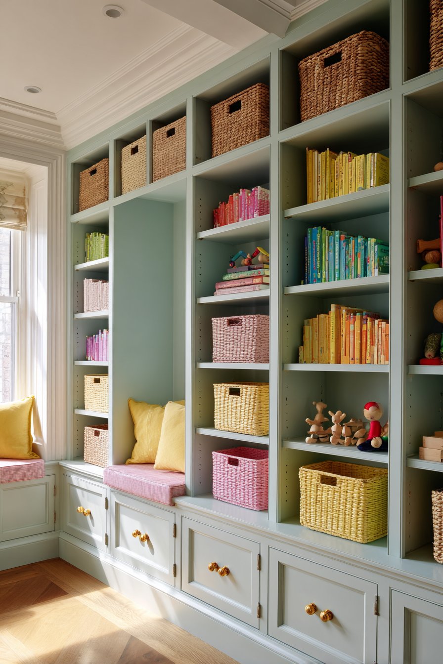 Organized Storage Wall with Pastel Coordination