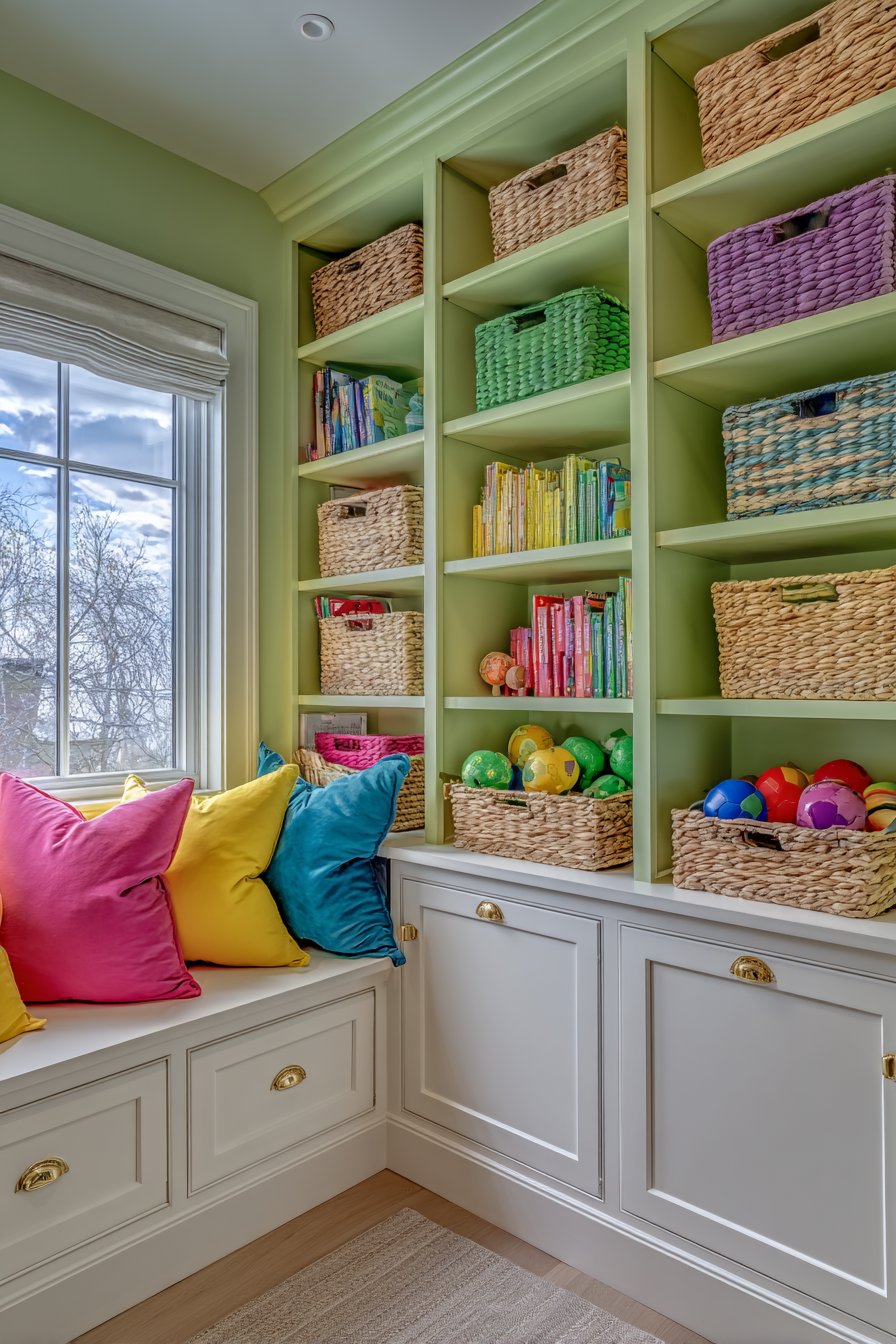 Organized Storage Wall with Pastel Coordination