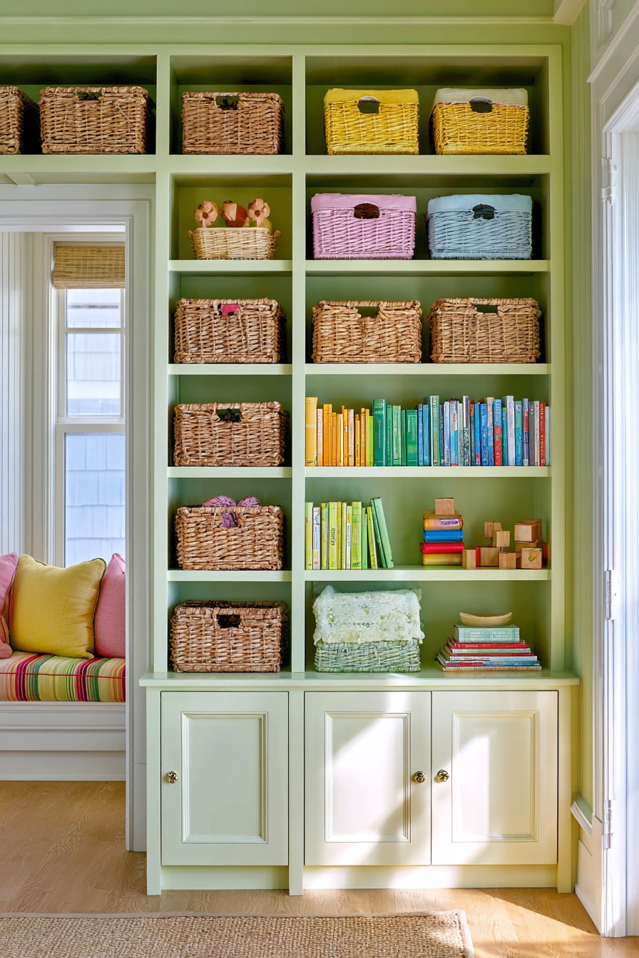 Organized Storage Wall with Pastel Coordination