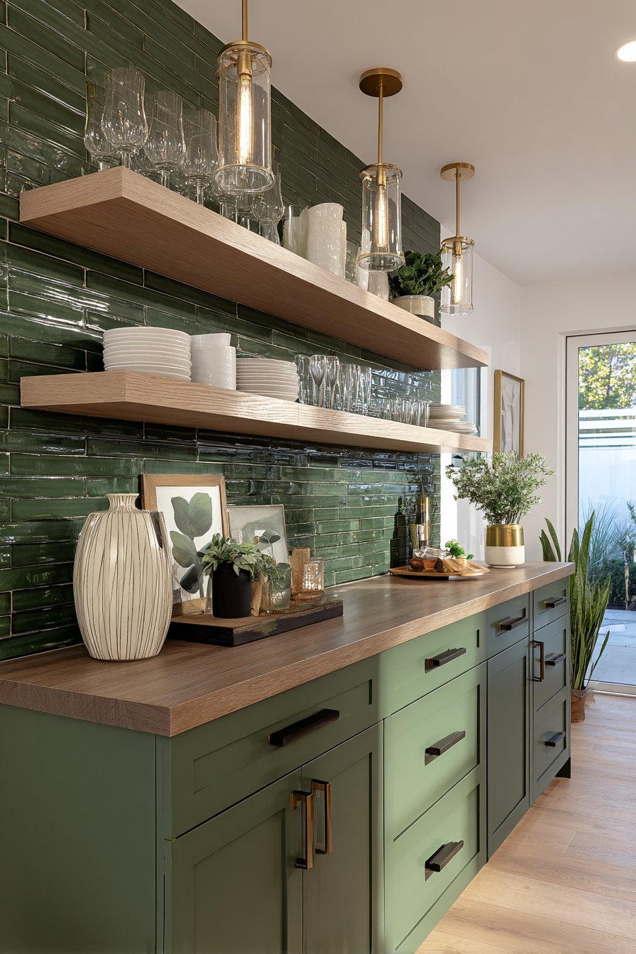 Open Shelving with Emerald Subway Tiles