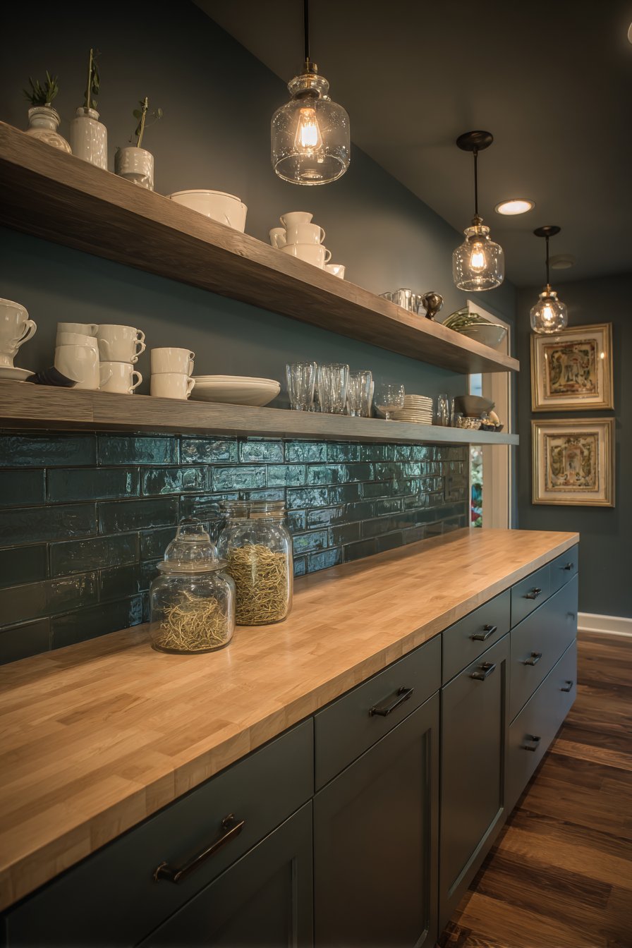 Open Shelving with Emerald Subway Tiles