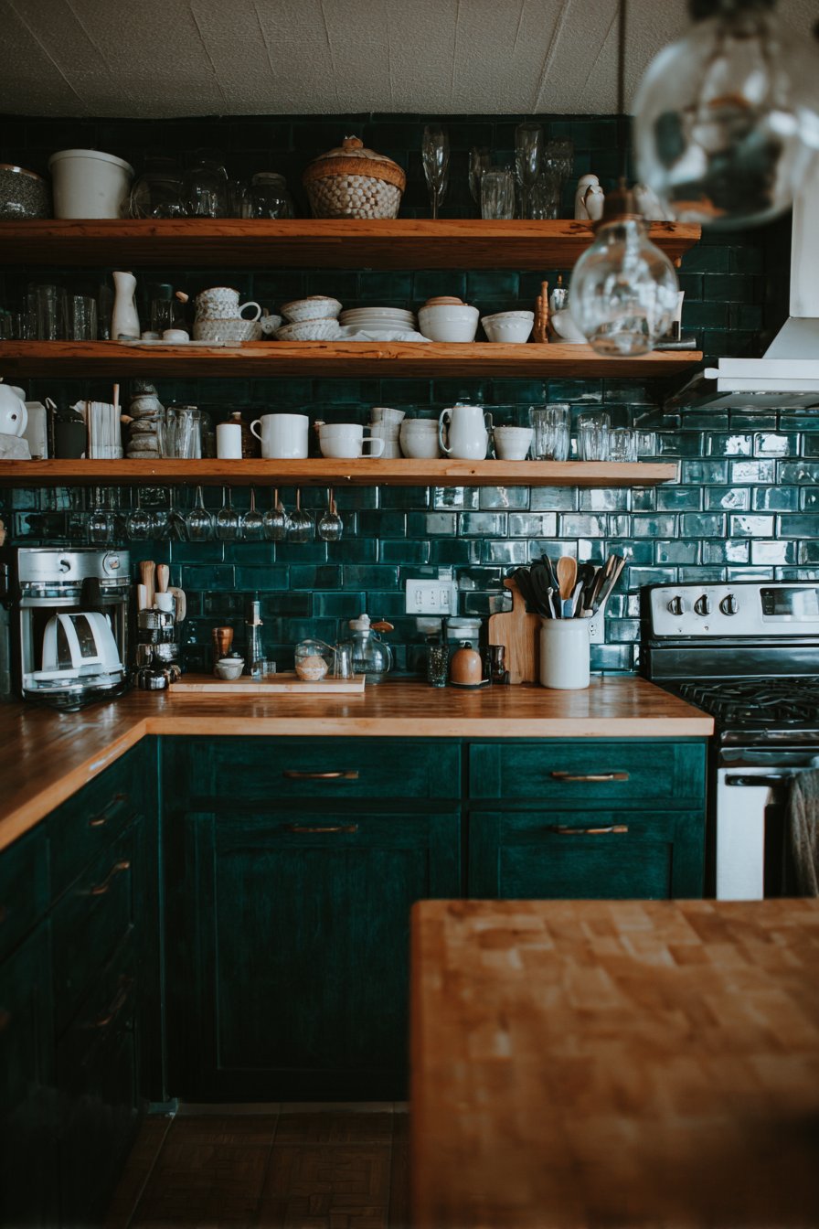 Open Shelving with Emerald Subway Tiles