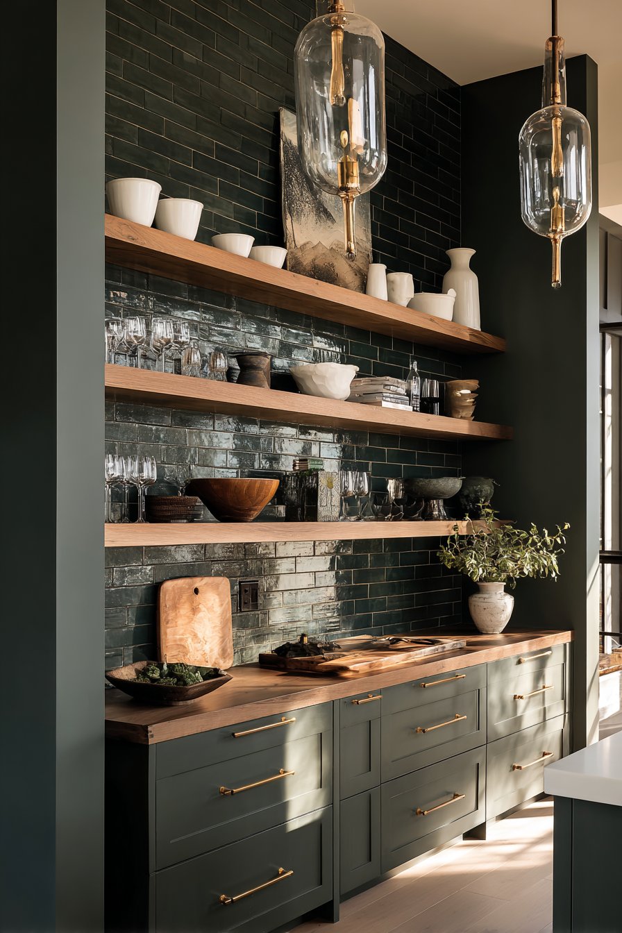 Open Shelving with Emerald Subway Tiles