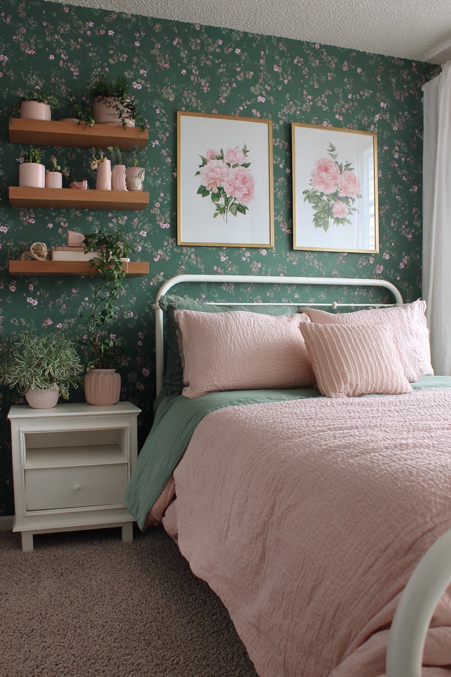 Emerald Wallpaper with Watercolor Florals