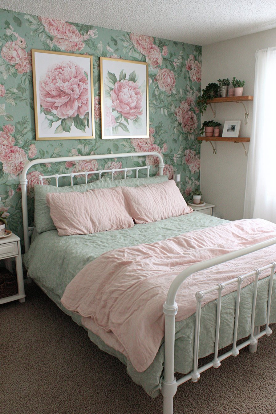 Emerald Wallpaper with Watercolor Florals