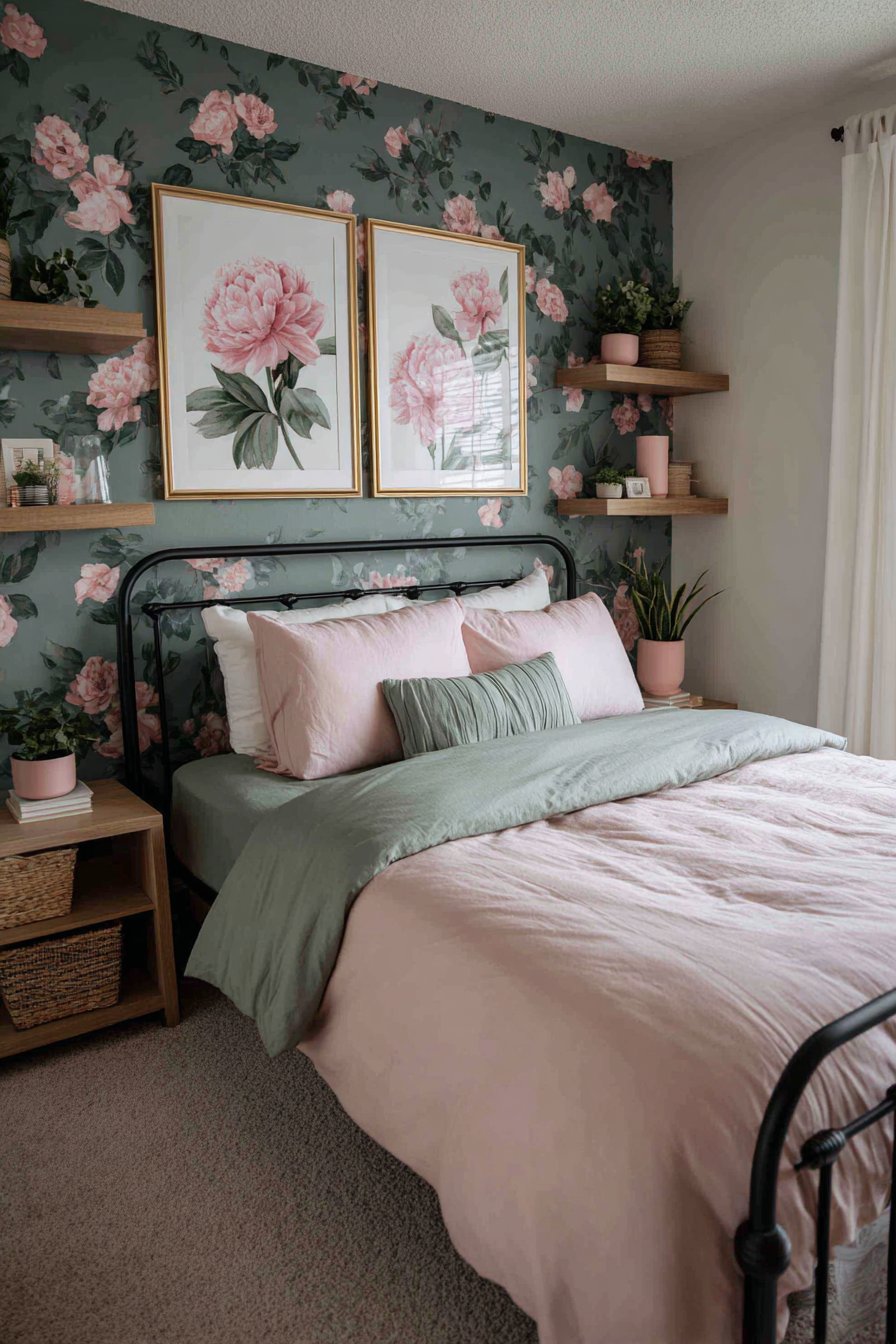 Emerald Wallpaper with Watercolor Florals