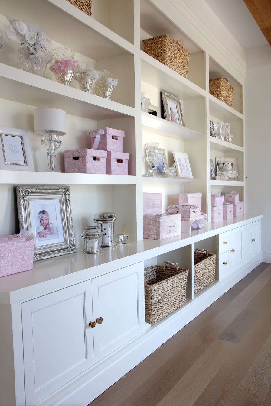 Custom Built-In Storage with Brass Hardware