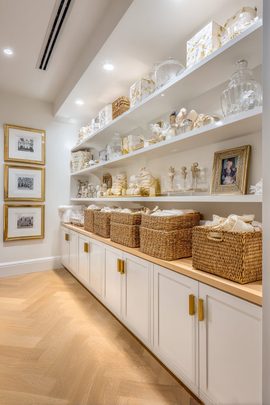 Custom Built-In Storage with Brass Hardware