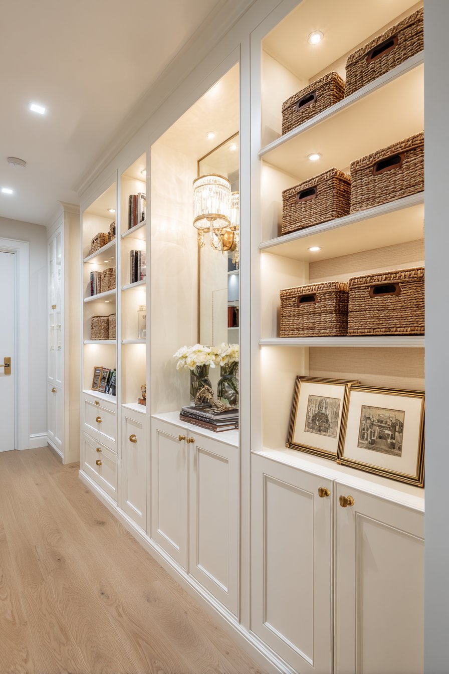 Custom Built-In Storage with Brass Hardware