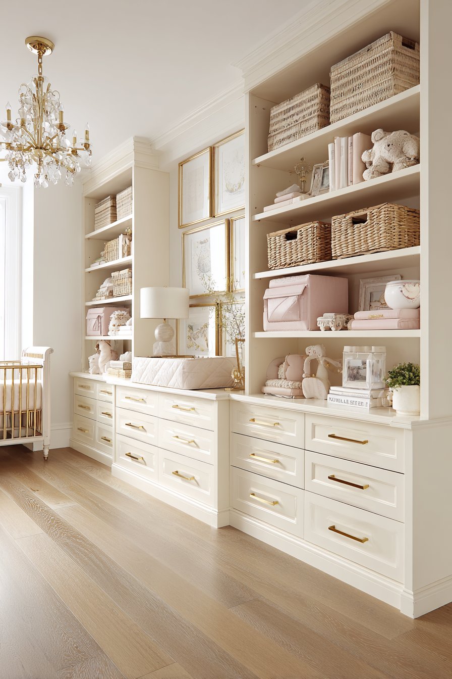 Custom Built-In Storage with Brass Hardware