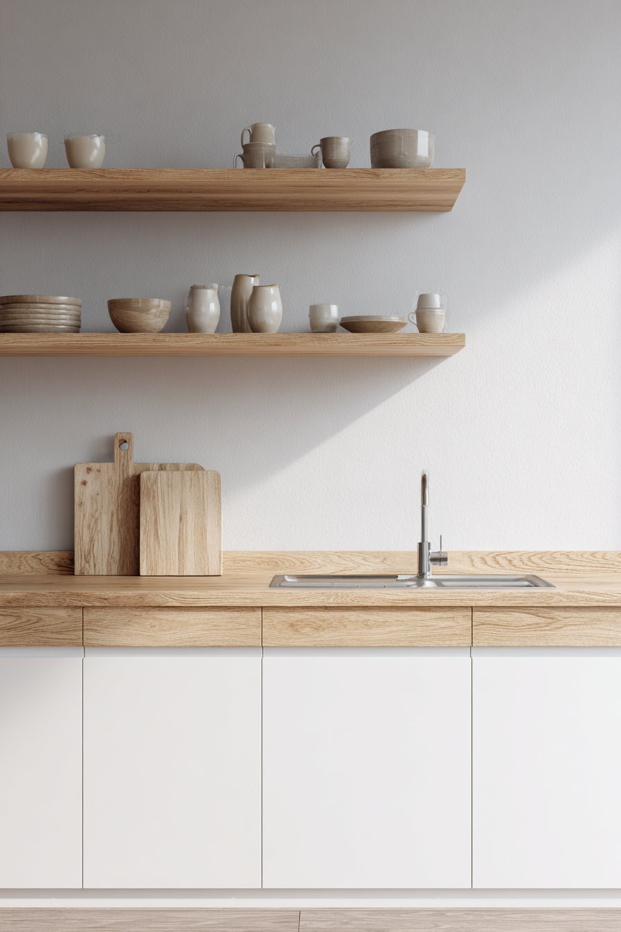 Open Wooden Shelving with Light Oak Warmth