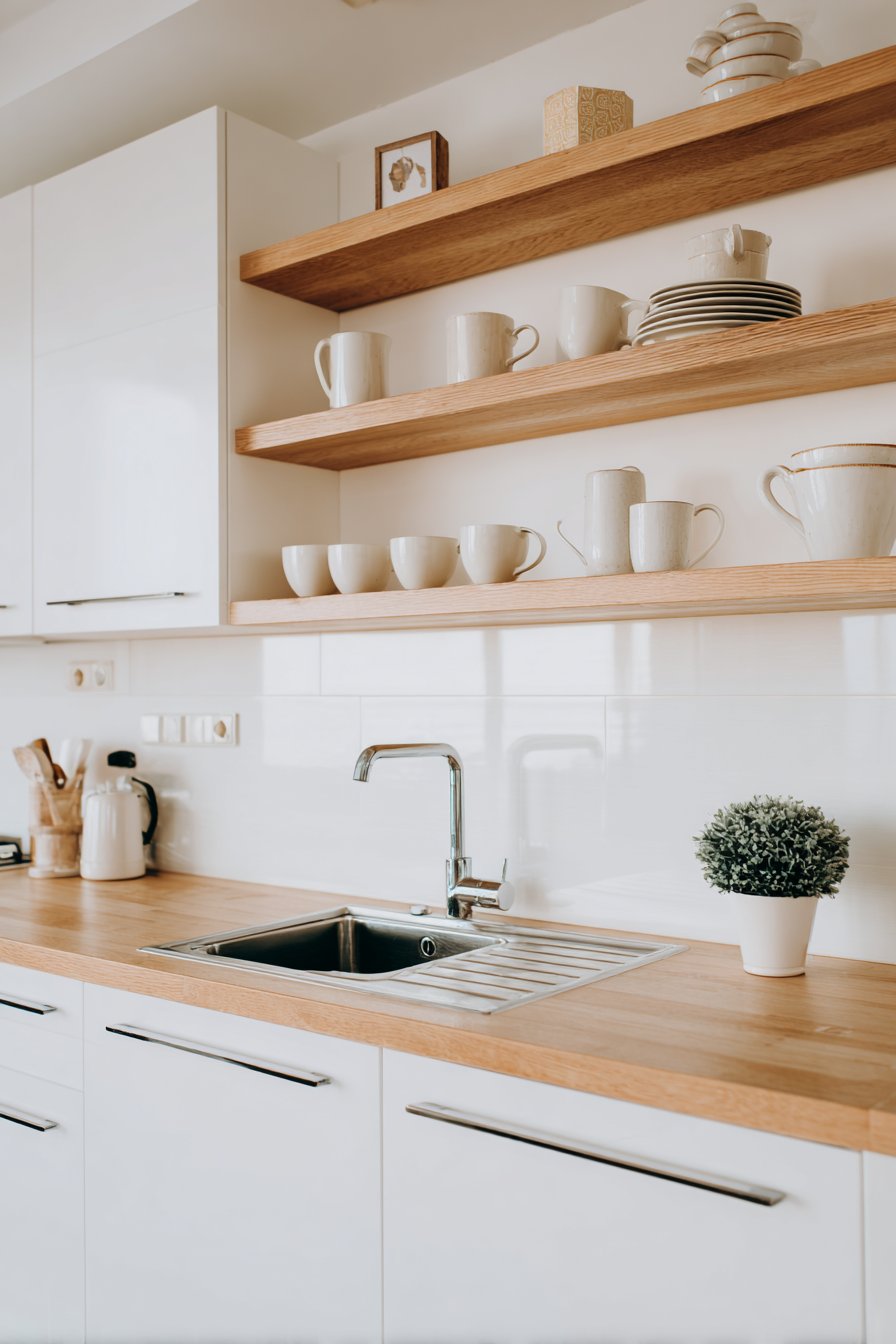 Open Wooden Shelving with Light Oak Warmth