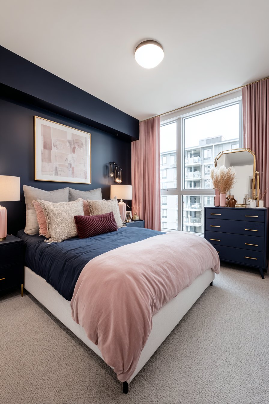 Navy Wallpaper Feature with Pink Botanical Prints