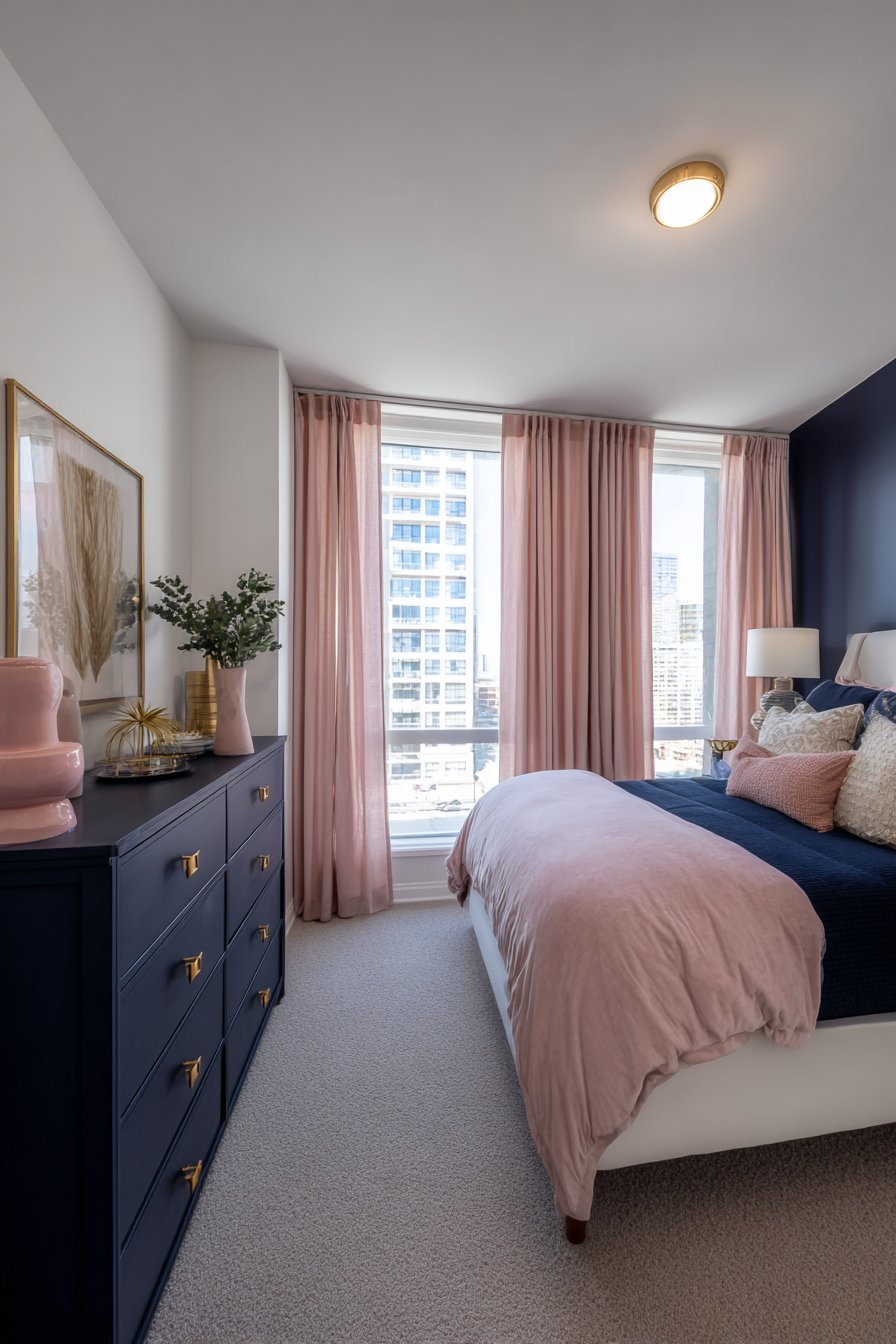 Navy Wallpaper Feature with Pink Botanical Prints