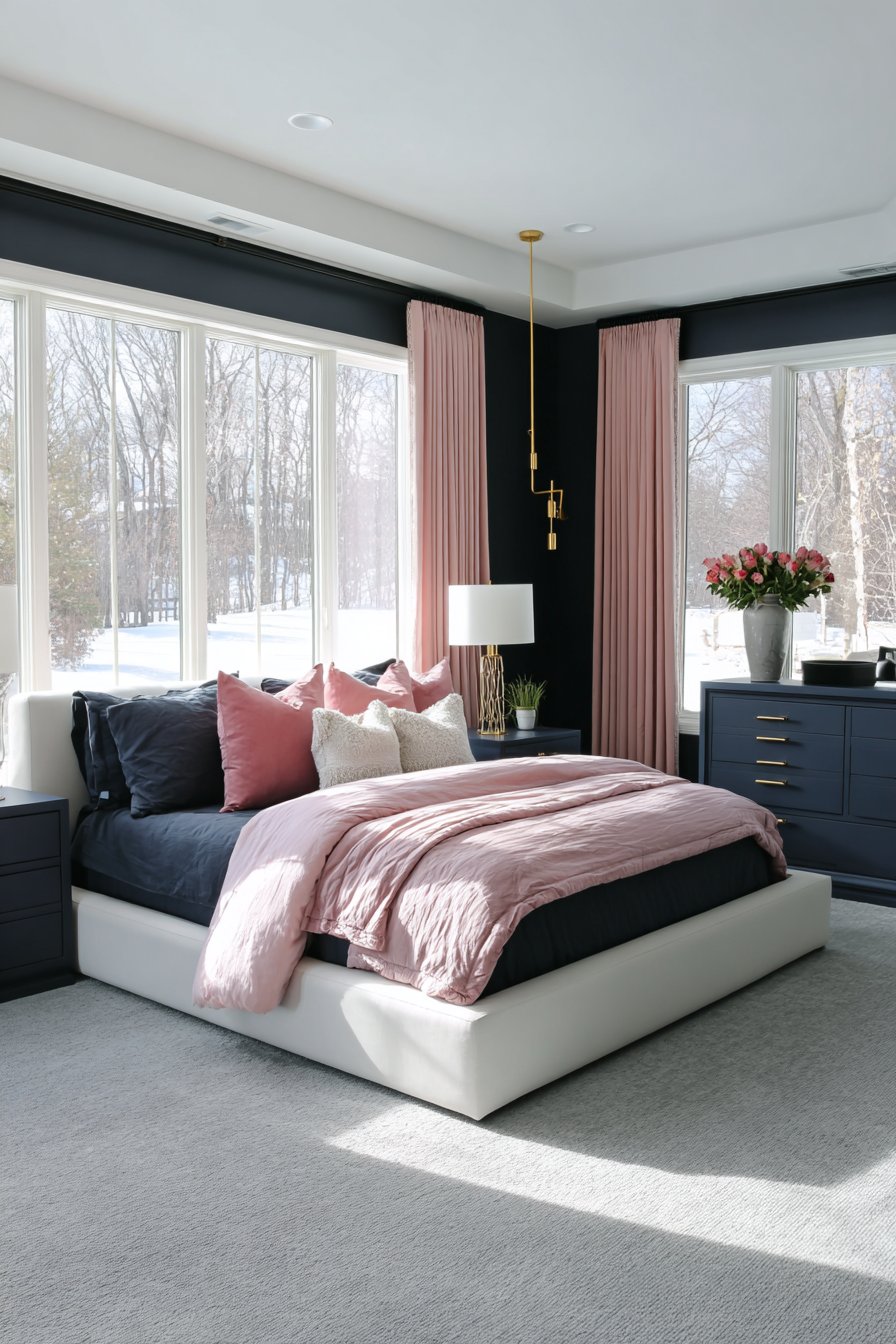 Navy Wallpaper Feature with Pink Botanical Prints