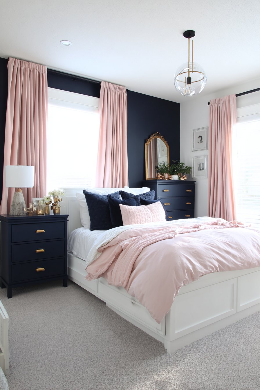 Navy Wallpaper Feature with Pink Botanical Prints