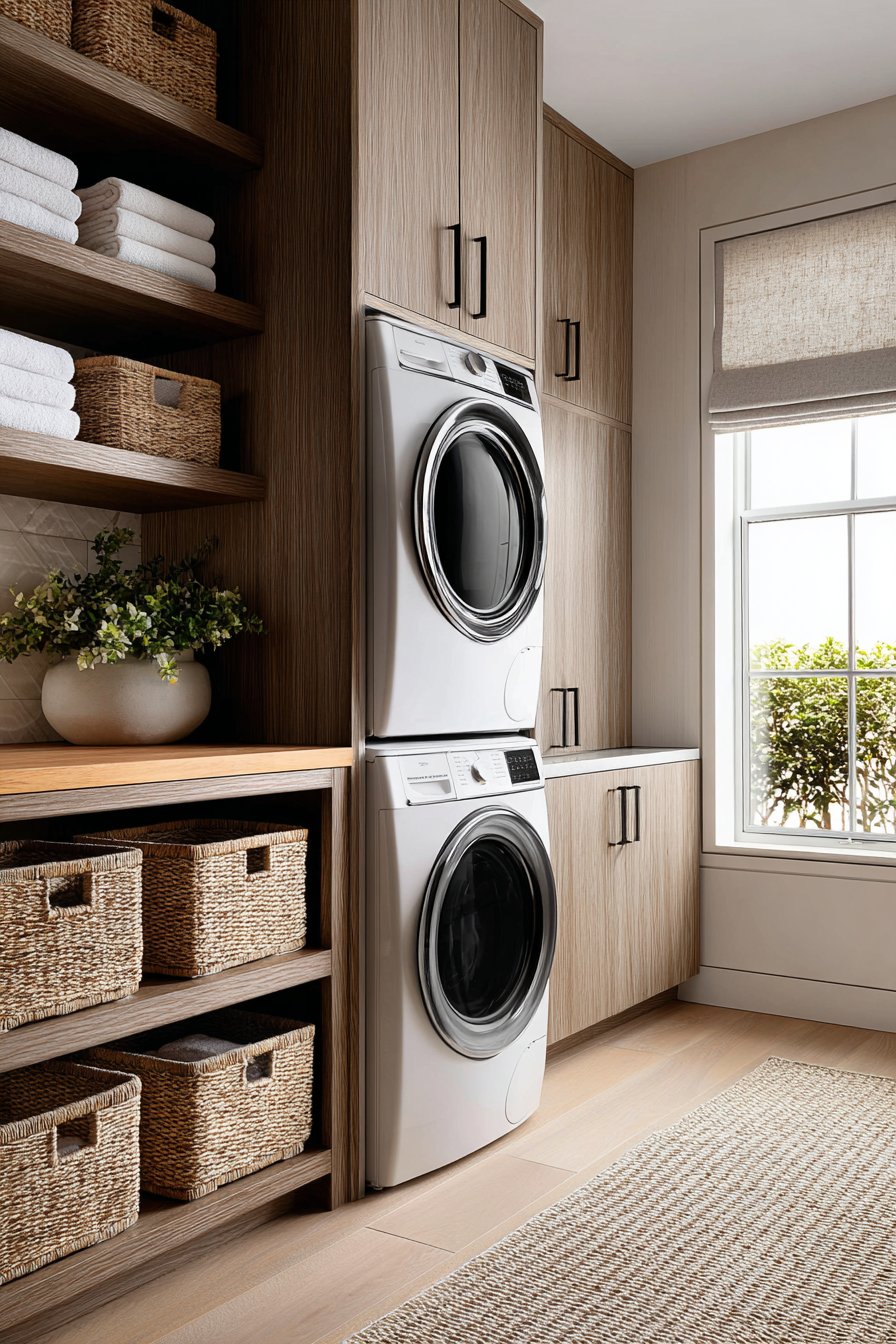 Stacked Washer and Dryer with Walnut Cabinetry