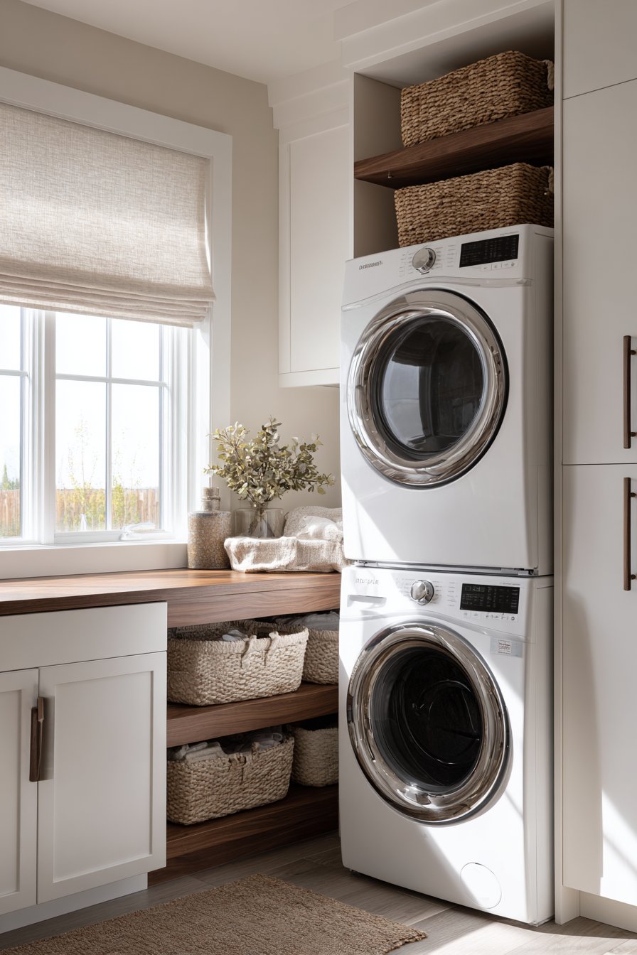 Stacked Washer and Dryer with Walnut Cabinetry