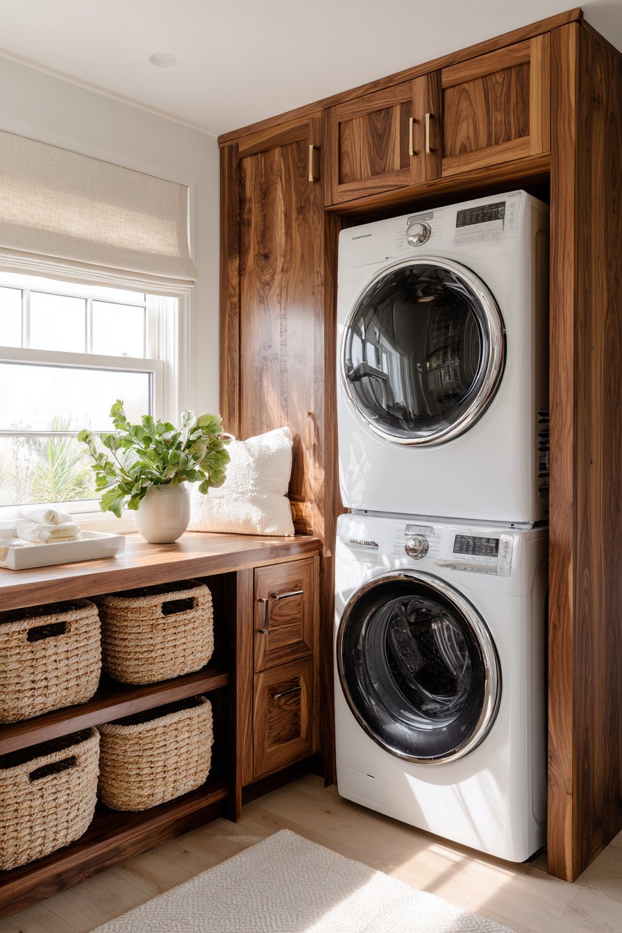 Stacked Washer and Dryer with Walnut Cabinetry