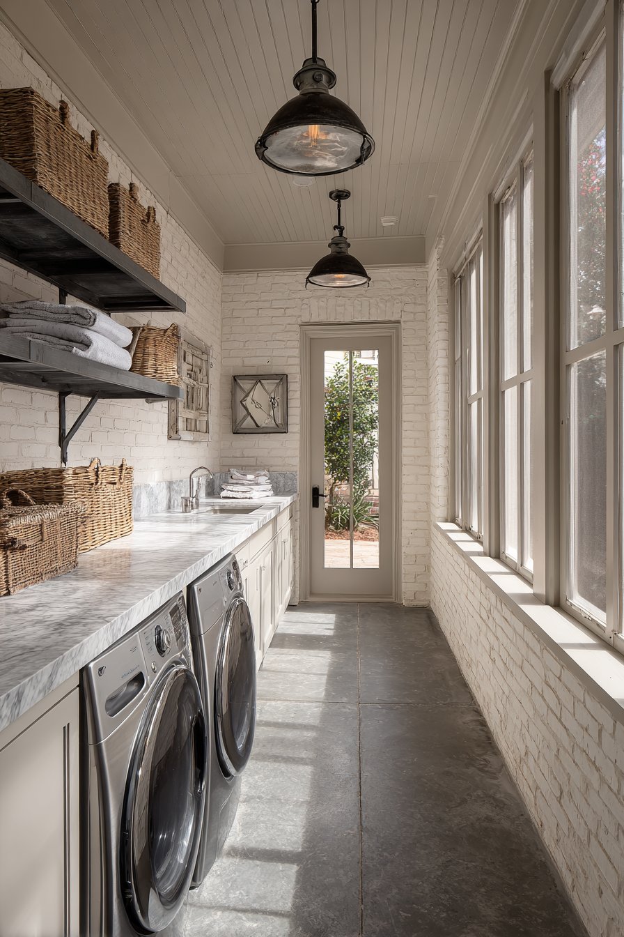 Screened Porch Laundry with White-Washed Brick