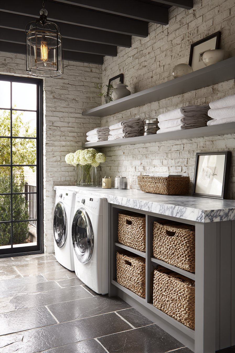 Screened Porch Laundry with White-Washed Brick