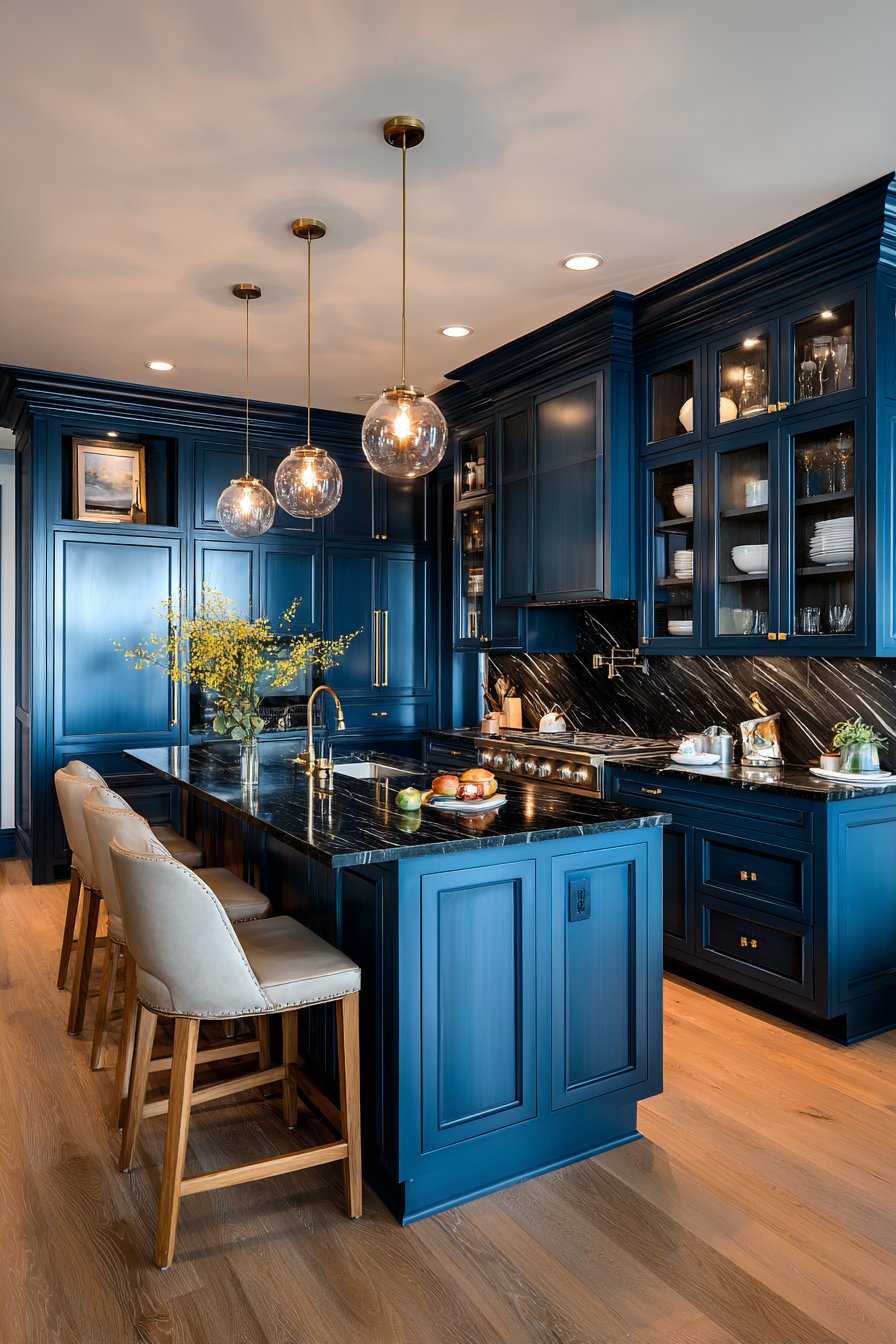 Navy Blue Luxury Kitchen with Brass Accents