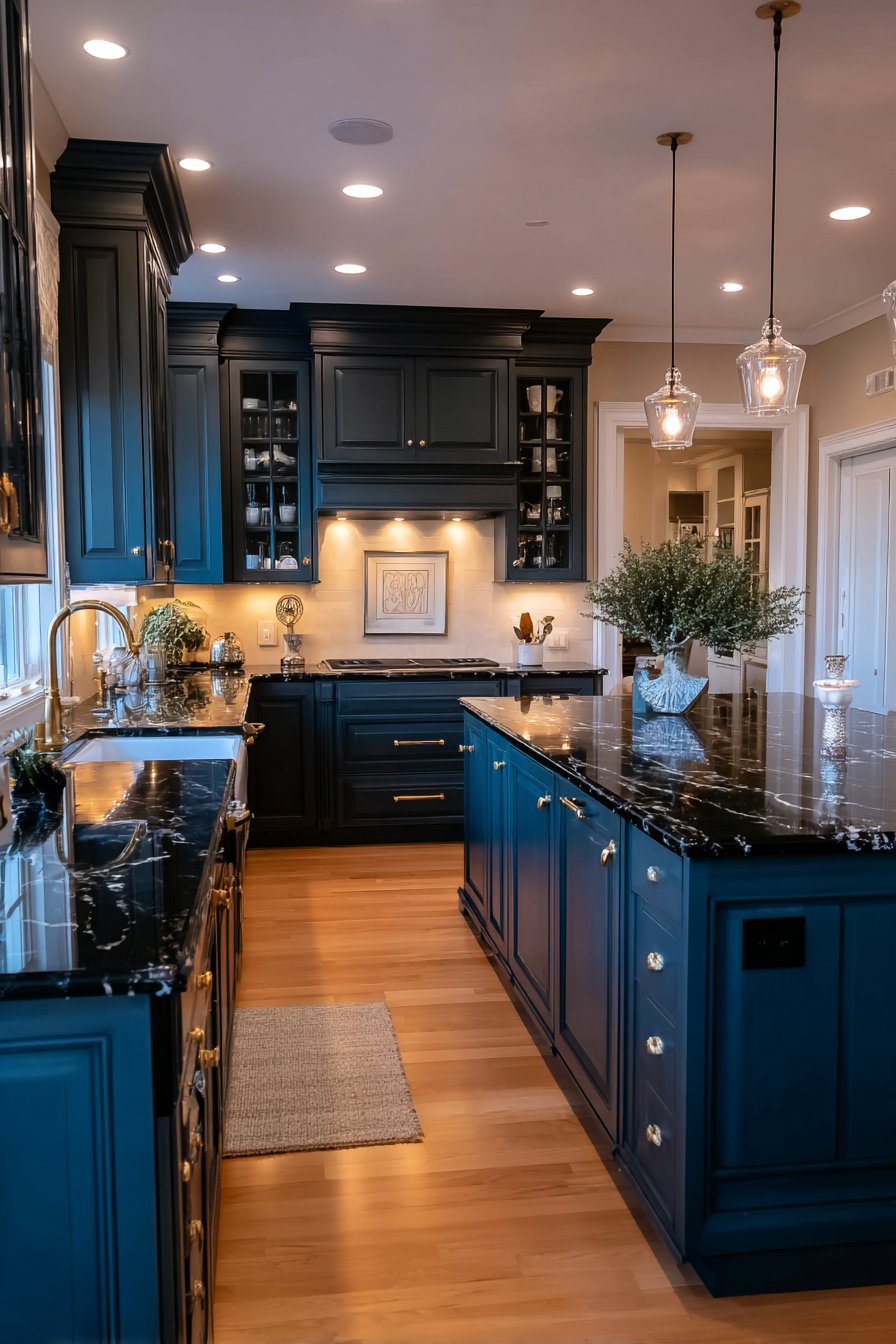Navy Blue Luxury Kitchen with Brass Accents