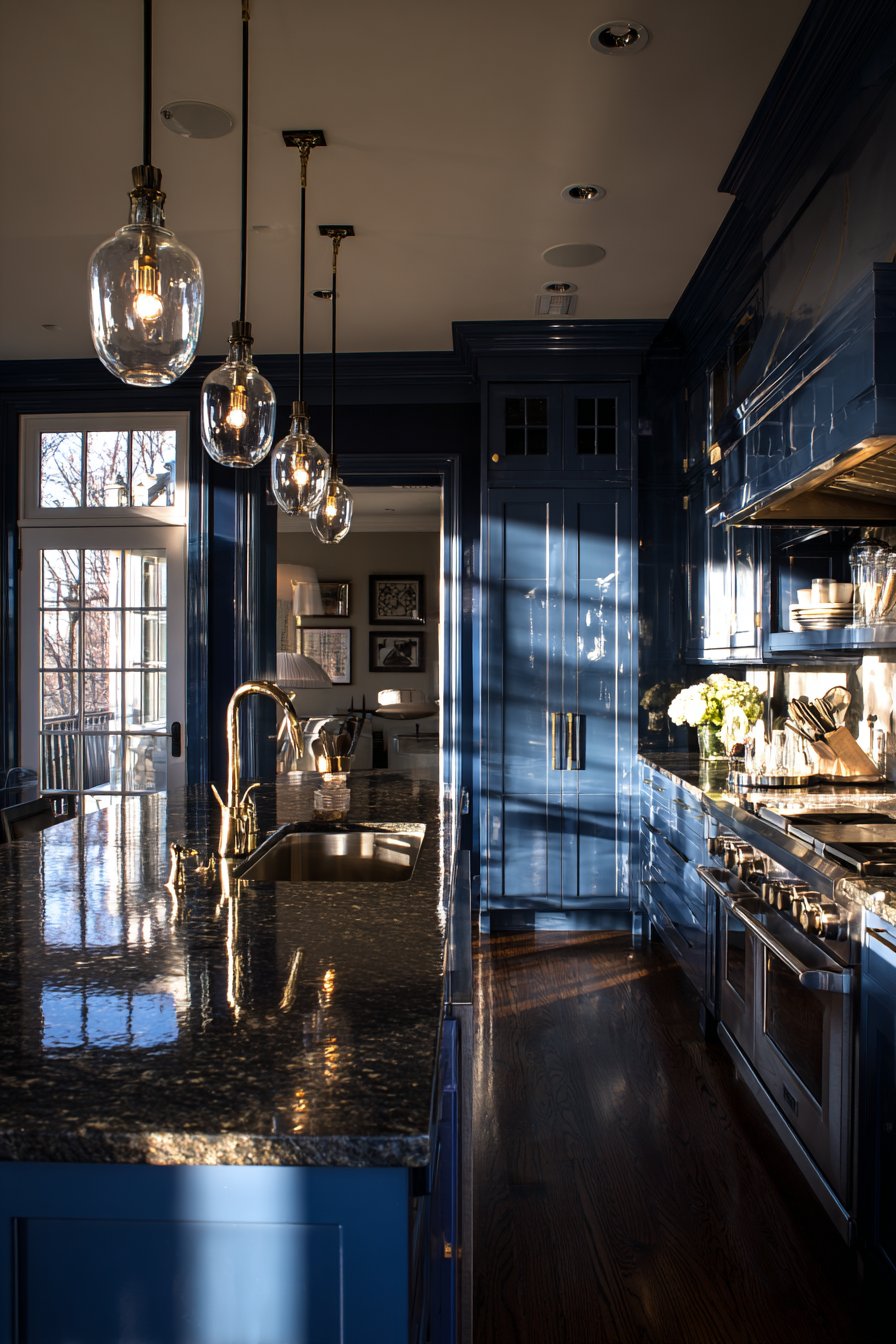 Navy Blue Luxury Kitchen with Brass Accents