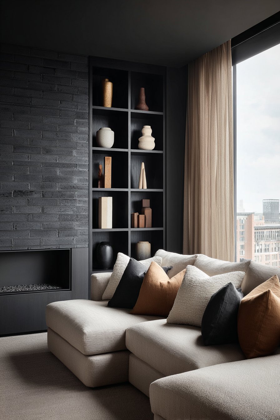 Black Brick Fireplace with Built-In Shelving
