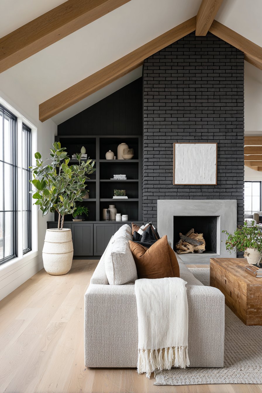 Black Brick Fireplace with Built-In Shelving
