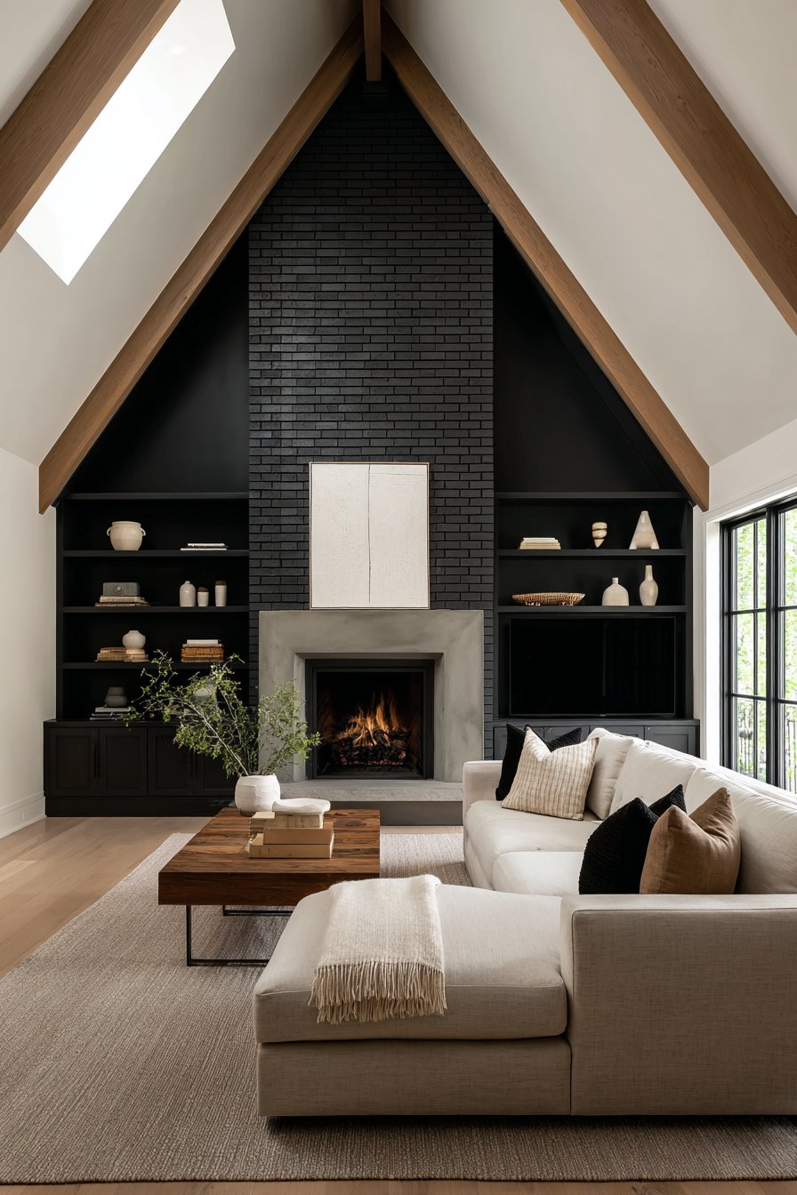 Black Brick Fireplace with Built-In Shelving